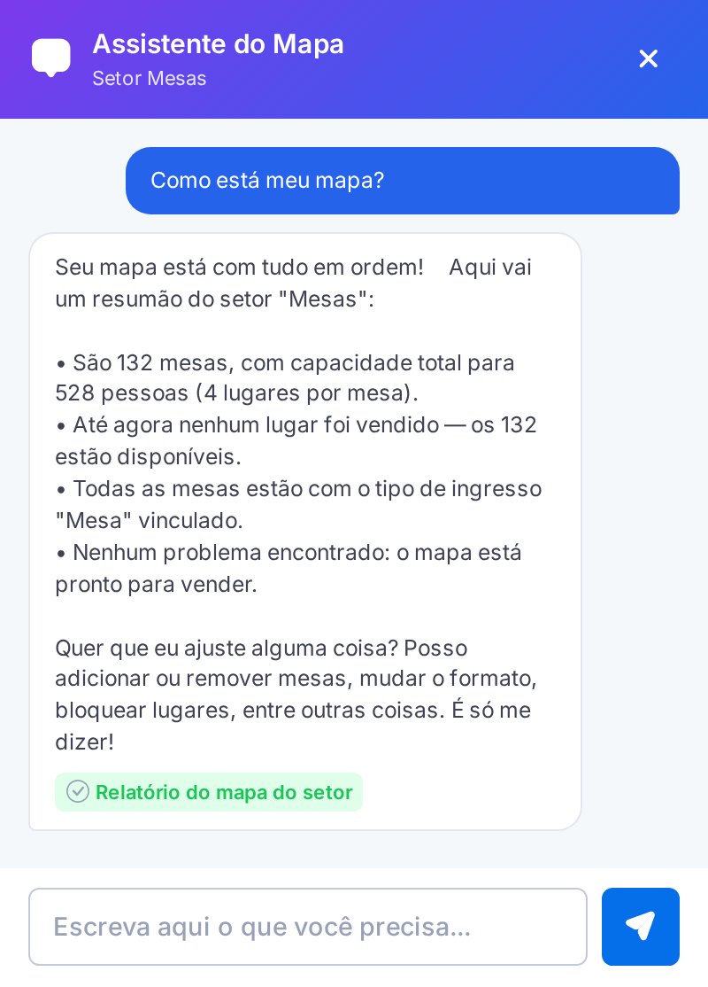 Assistente do Mapa respondendo à pergunta Como está meu mapa com um resumo do setor: 132 mesas, capacidade para 528 pessoas e nenhum problema encontrado