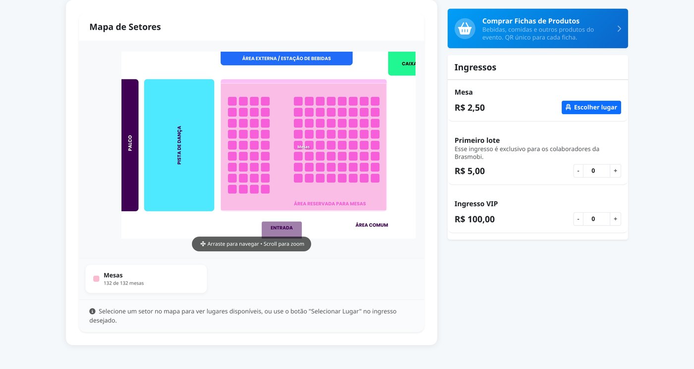 Página pública do evento mostrando o mapa de setores e o botão Escolher lugar ao lado do ingresso