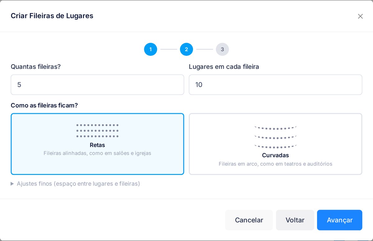 Assistente Criar Fileiras de Lugares no passo 2, com campos de quantas fileiras e lugares por fileira e a escolha entre fileiras retas ou curvadas