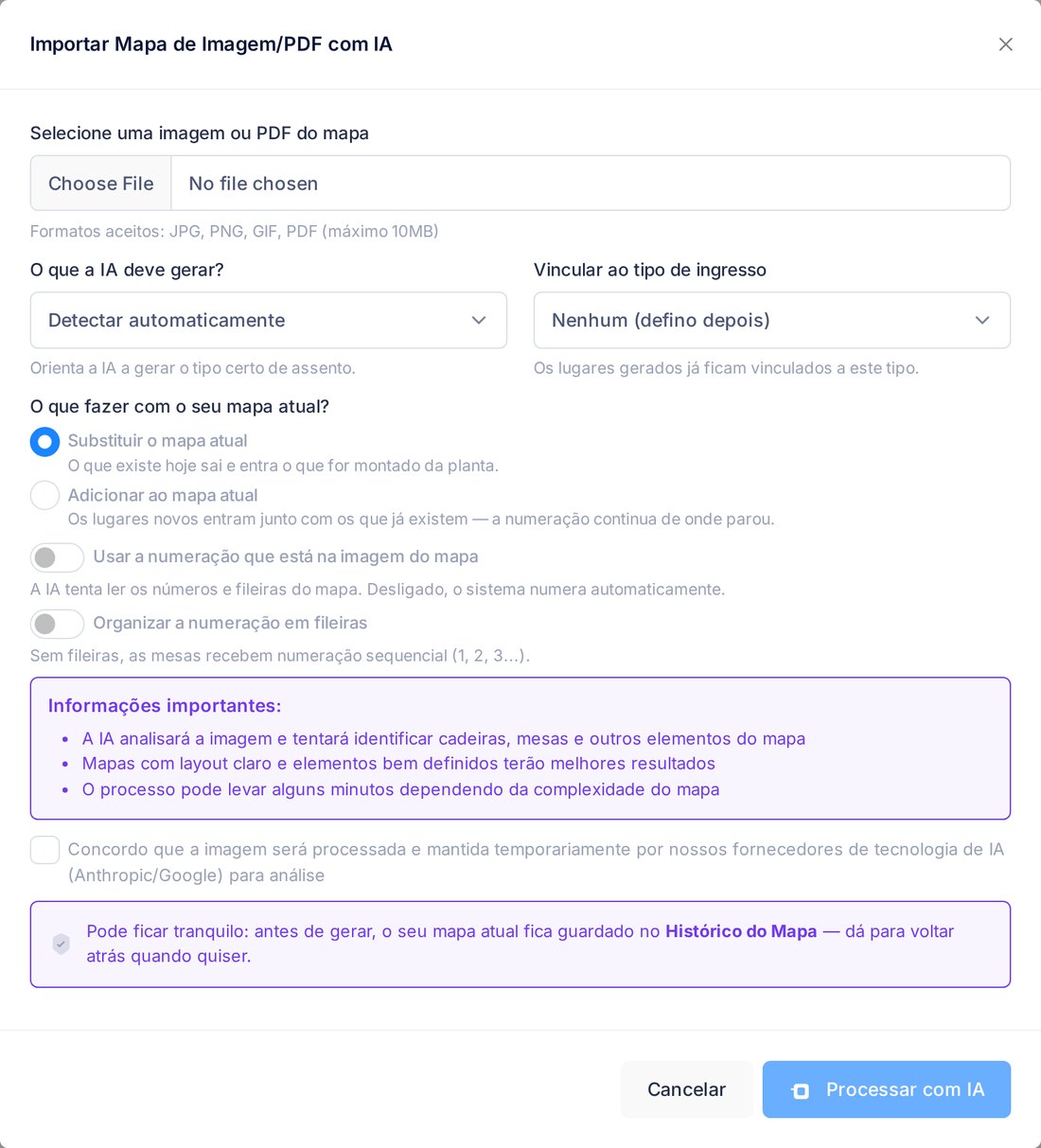 Janela de importação de mapa por imagem ou PDF com IA, mostrando as opções de substituir ou adicionar ao mapa atual e de usar a numeração da imagem