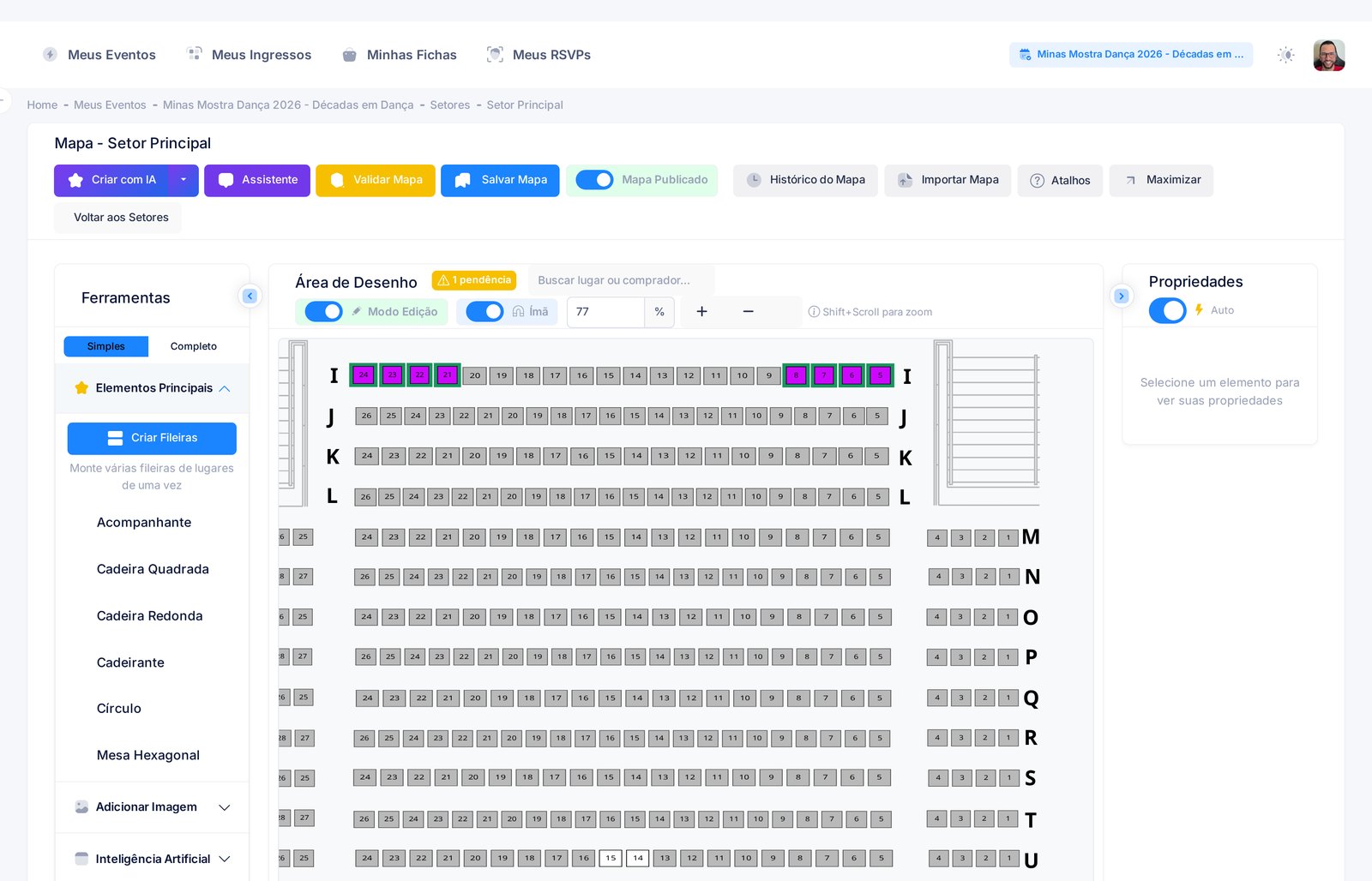 Mapa de teatro aberto no editor da Eventuxi, com fileiras identificadas por letras e assentos numerados individualmente